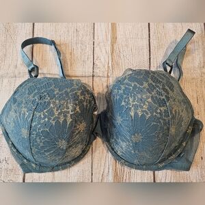 Victoria's Secret Size 34DDD Lined Demi Bra Teal Blue with Gold Lace Overlay
